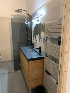 a bathroom with a sink with a picture of an elephant on the wall at L'Ail des Ours in Les Estables