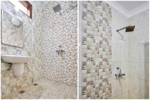 due foto di un bagno con lavandino e doccia di Hotel O Santosh Seva Sadan a Rāiwāla