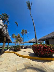 a walkway at the beach with palm trees and flowers at Eco Paradise 129 in Caucaia