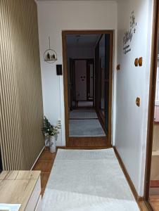 a hallway with a large mirror and a hallway with a hallway at La Montzi For4 in Craiova +4 photos