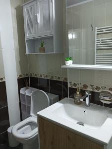 a bathroom with a white sink and a toilet at La Montzi For4 in Craiova