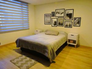 een slaapkamer met een bed en wat foto's aan de muur bij Studio apartment in Pasto in Pasto
