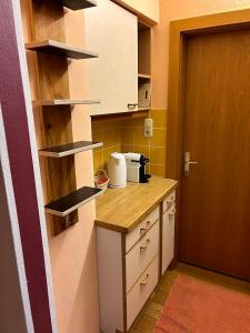 eine kleine Küche mit einer Theke und einer Tür in der Unterkunft Apartement 1 Zur alten Press in Jennersdorf