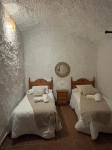 a bedroom with two beds and a mirror on the wall at Bike Cueva - Los Coloraos in Gorafe