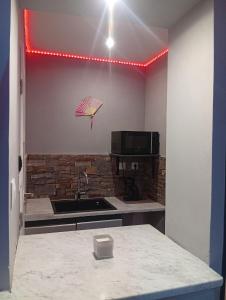 - une cuisine avec un évier et un parasol sur le mur dans l'établissement les cités romance le Tokyo, à Carcassonne