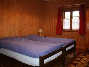 a bedroom with a bed with blue sheets and a window at Apartment Davo Tuoi by Interhome in Guarda