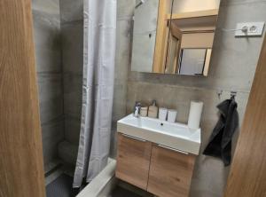 een badkamer met een wastafel en een spiegel en een douche bij Villa Bella Vista in Gačice