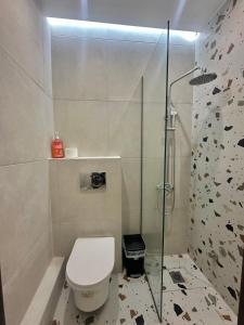 un bagno con wc e doccia in vetro di Central apartment 6 a Larisa