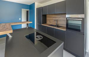 - une cuisine avec des placards noirs et un évier dans l'établissement Maison Campagne Normandie, à Ry