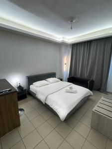 una camera da letto con un grande letto bianco e una scrivania di Central apartment 6 a Larisa Altre 2 foto