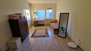 un soggiorno con un divano e uno specchio di Three-room apartment a Venta