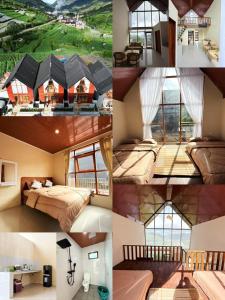 eine Fotocollage eines Schlafzimmers mit Betten und eines Hauses in der Unterkunft Carika Cabin in Diyeng