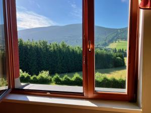 een raam met uitzicht op een berg bij Apartmán Ramzová - naRamzovou in Ostružná