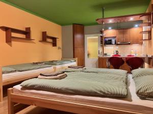 een kamer met 2 bedden en een keuken bij Apartmán Ramzová - naRamzovou in Ostružná +9 foto's