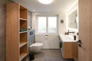 a bathroom with a toilet and a sink and a window at Chalet Emely in Bartholomäberg +29 photos