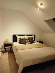 a bedroom with a large bed in a attic at Les Terrasses de l'ourthe - Gîte 4 personnes - Ardennes - Durbuy - Parking gratuit in Noiseux
