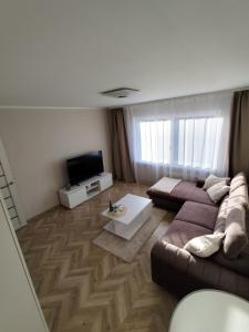 a living room with a couch and a tv at Barons Street Apartment in Dobele