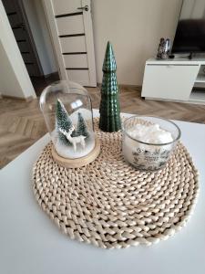 a table with a glass dome with a christmas ornament and a christmas tree at Barons Street Apartment in Dobele
