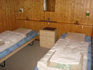 two beds in a room with wooden walls at Apartment Chalet Bärli by Interhome in Fiesch