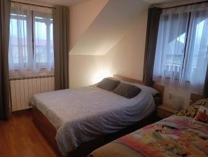 een slaapkamer met twee bedden en twee ramen bij Apartman 2 RIBIČ in Ogulin