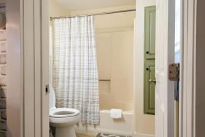 um banheiro com vaso sanitário e cortina de chuveiro em Dream Weaver em Ludlow