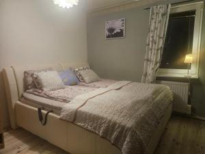 a bed in a bedroom with a window and a bedspread at Malmoxie Unic Garden House in Oxie