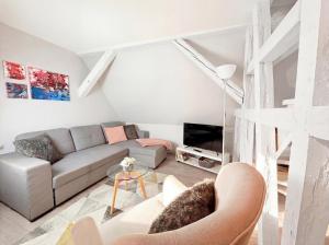 a living room with a couch and a tv at Chic&Cosy - Vue exceptionnelle - Centre Haguenau in Haguenau