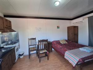 a bedroom with a bed and a table and chairs at Cabañas Soledad in Potrerillos