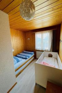 a bedroom with two beds and a chandelier at Apartment Chalet Hofer by Interhome in Hasliberg Wasserwendi