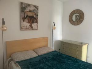 a bedroom with a bed and a mirror on the wall at T2 Port Frejus proximite de la plage Grand Garage Prive in Fréjus