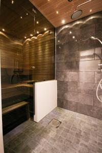 a bathroom with a walk in shower and a shower at Santalux Apartment in Rovaniemi