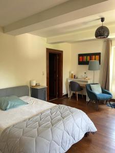 ein Schlafzimmer mit einem Bett, einem Schreibtisch und einem Stuhl in der Unterkunft La Bastide in Armous-et-Cau