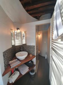 een badkamer met een wastafel en een spiegel bij Tour-Moulin in Épire