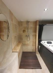 een badkamer met een inloopdouche naast een wastafel bij Tour-Moulin in Épire +8 foto's