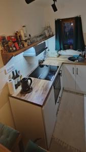 een kleine keuken met een spoelbak en een fornuis bij vila Damascena in Pirot