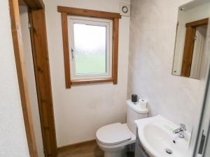 a bathroom with a toilet and a sink and a window at Elm Lodge in Rugeley