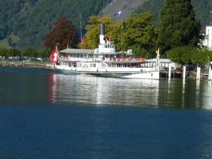 a white boat in the water with people on it at Apartment Oberwilen by Interhome in Vitznau