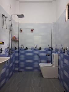a blue and white bathroom with a toilet and a shower at Lagora Villa in Moraketiara
