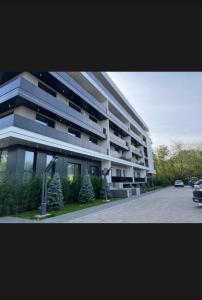 een groot appartementencomplex met kerstbomen ervoor. bij LVO Apartments in Bîrlad