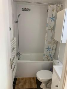 a bathroom with a toilet and a shower curtain at Appartement Carnac, Centre bourg - 2 pieces in Carnac