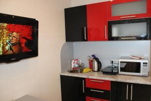 eine Küche mit einer Theke mit einer Mikrowelle und einem TV in der Unterkunft Apartments 4 Mikrorayon in Tichwin