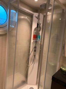 una doccia con una porta in vetro in un bagno di Borggata a Oslo