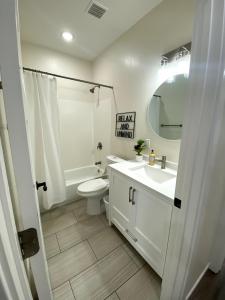 een badkamer met een wastafel, een toilet en een spiegel bij Newly Built 3 Bed 2 Bath House in Evanston +6 foto's