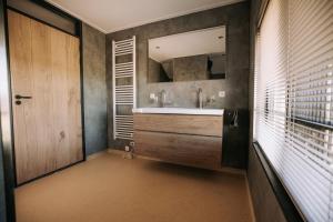 a bathroom with a sink and a mirror at Luxe buitenhuis 10 pers met jacuzzi en vrij uitzicht in Rheeze +53 photos