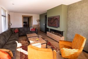a living room with a couch and a fireplace at Luxe buitenhuis 10 pers met jacuzzi en vrij uitzicht in Rheeze