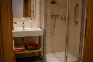 a bathroom with a shower and a sink at Bauernhof Krahlehenhof in Filzmoos +58 photos