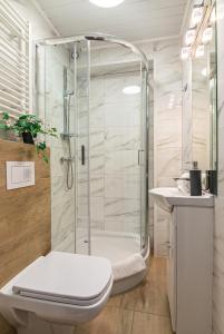 ein Badezimmer mit Dusche, Toilette und Waschbecken in der Unterkunft HUZAR in Krynica-Zdrój