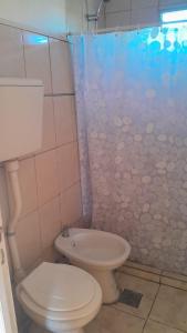 a bathroom with a toilet and a shower at Cabaña Juana Vg in Villa Giardino