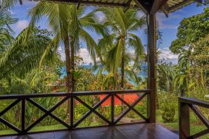 uitzicht vanaf de veranda van een resort met palmbomen bij Las Caletas Lodge in Drake