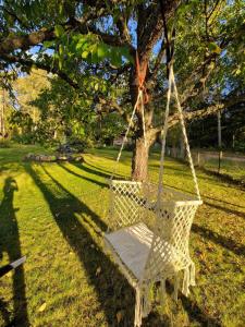 Eine weiße Schaukel hängt von einem Baum im Park in der Unterkunft An excursion in Paradise in Söderköping
